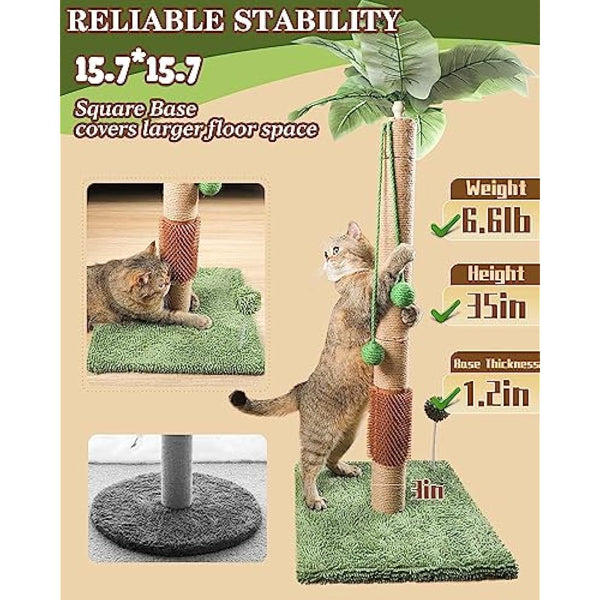 ANWA 35" Tall Cat Scratching Post for Kitten and Large Cats, Scratching Post for Indoor Cats with Self-Grooming Rubber Brush, Cat Sisal Post with Simulated Leaves, Green