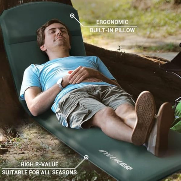 INVOKER Self Inflating Memory Foam Camping Sleeping Mat - Pad with Built in Pillow, Green, 196x70x8cm, 2kg, Waterproof, 150kg Weight Capacity, Rapid Inflation, Plush, Camper