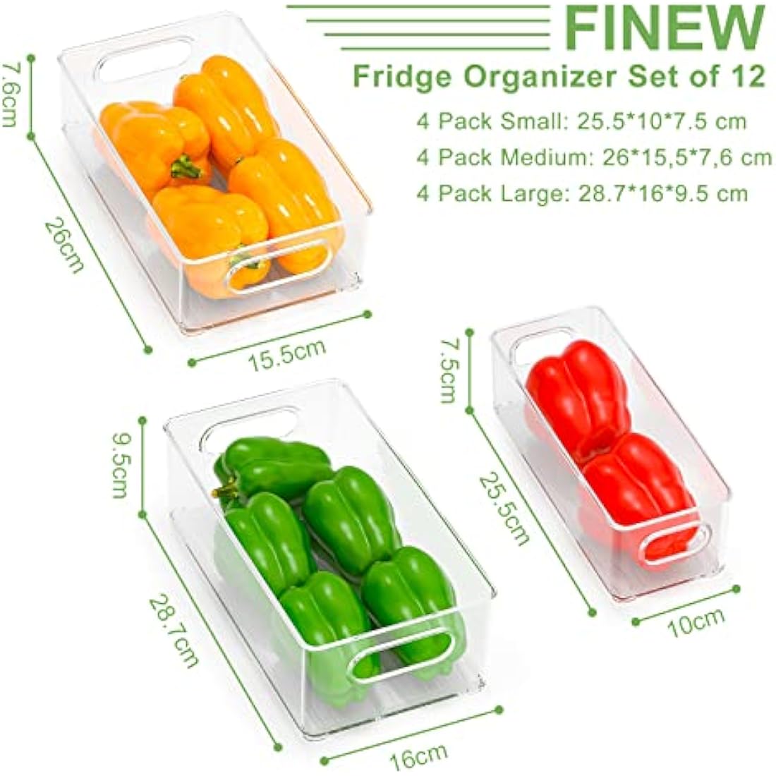 Finew Fridge Organiser Set of 12 (4 Small / 4 Medium / 4 Large), Stackable Storage Bins, Clear Kitchen Organisation Containers for Pantry, Cupboards, Refrigerator, Bathroom - BPA Free