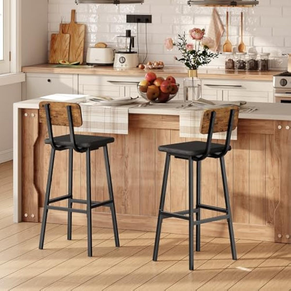 HOOBRO Bar Stools Set of 2, PU Upholstered Breakfast Bar Stools, Industrial Barstools with Backrest and Footrests, Bar Chairs for Kitchen, Dining Room, Bar, Rustic Brown and Black EBF84RBY01G2