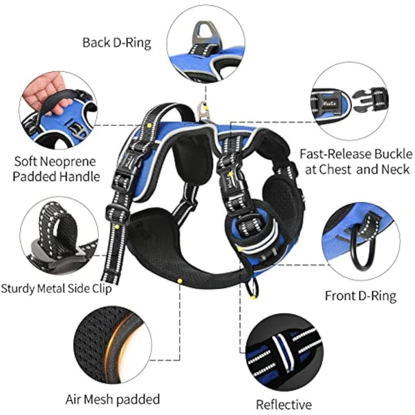 HEELE No Pull Dog Harness - Ex-Large, Release on Neck, Reflective, Adjustable with Front & Back Leash Attachments & Soft Padded Control Handle - Blue, XL