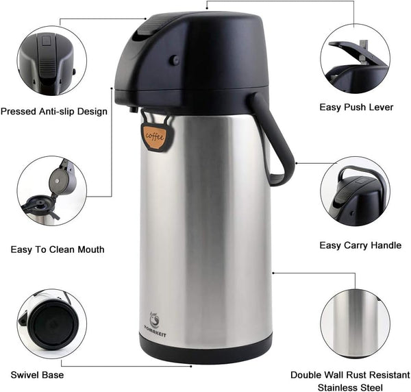 Airpot Coffee Carafe - TOMAKEIT Thermal Beverage Dispenser Insulated Pump Action Airpot for Hot/Cold Water (Lever Pump)