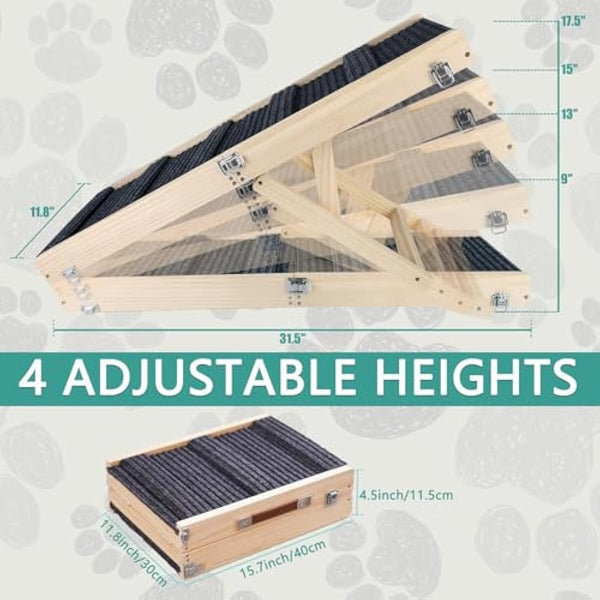 Umtiti Wooden Folding Portable Pet Ramp. 4 Levels Adjustable 9" to 17.3" with Non-Slip 5 Paw Traction Mat for Small Medium Doggie. Dog Ramps-UK