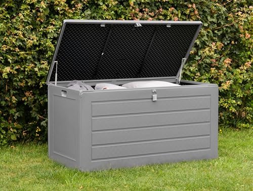 Olsen & Smith 680L Large Garden Storage Box - Weather Resistant Heavy Duty Garden Box with Padlock & Wood Effect - Huge Capacity Outdoor Storage Chest for Tools, Cushions, Toys & More (Anthracite)