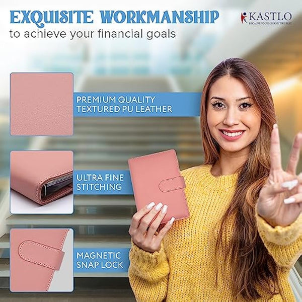 KASTLO A6 PU Leather 51pcs Budget Binder Notebook - Money Saving Wallet with Plastic Money Wallet Organiser, Label Sticker, Ruler - Budget Planner & Cash Envelopes for Cash Stuffing Wallet UK - Nude