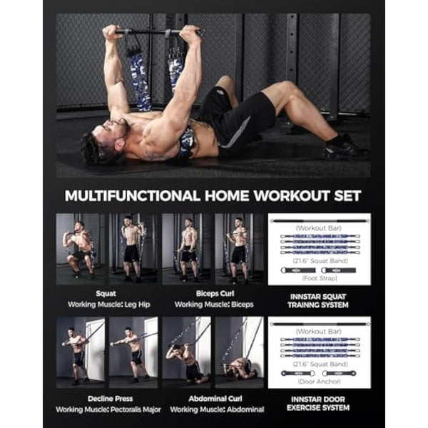 INNSTAR Portable Home Gym Set with Workout Bar, Bench Press Set, Squat Resistance Band, Door Anchor and More-Full Body Workout Equipment to Build Muscle and Shape Body