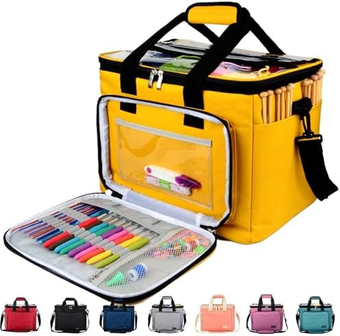 Hoshin Knitting Bag for Yarn Storage, Portable Crochet Tote Bag Yarn Organizer for Crochet Patterns and Hooks, Needles, Skeins of Yarn-Enjoy Knitting/Crocheting Anywhere(Yellow)