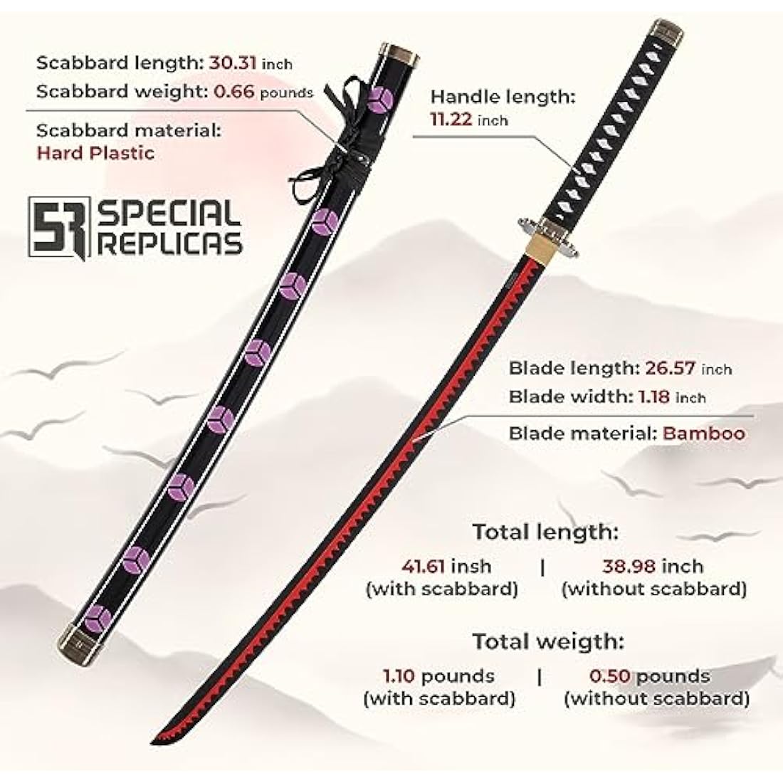 57 SPECIAL REPLICAS Roronoa Zoro Wooden Katana Sword 105cm Katanas Japanese Anime Cosplay Sword - Kitetsu/Shisui/Wado Ichimonji - 3 Piece Set JT10000