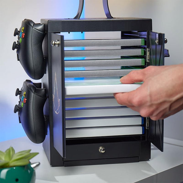 Numskull Official PS5-Inspired Gaming Accessory Locker & Storage Stand – Holds 10 Games/DVDs, 4 Controllers, Headset, and Accessories – Durable & Compact Organizer – Official PS5-Inspired Merchandise