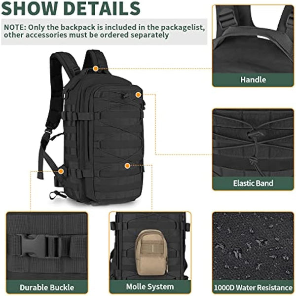 Explokit Tactical Backpack Military Rucksack 25L Molle Army Assault Pack Go Bag Water-repellent for School Travelling Hiking Hunting Camping Trekking (#02-Black)