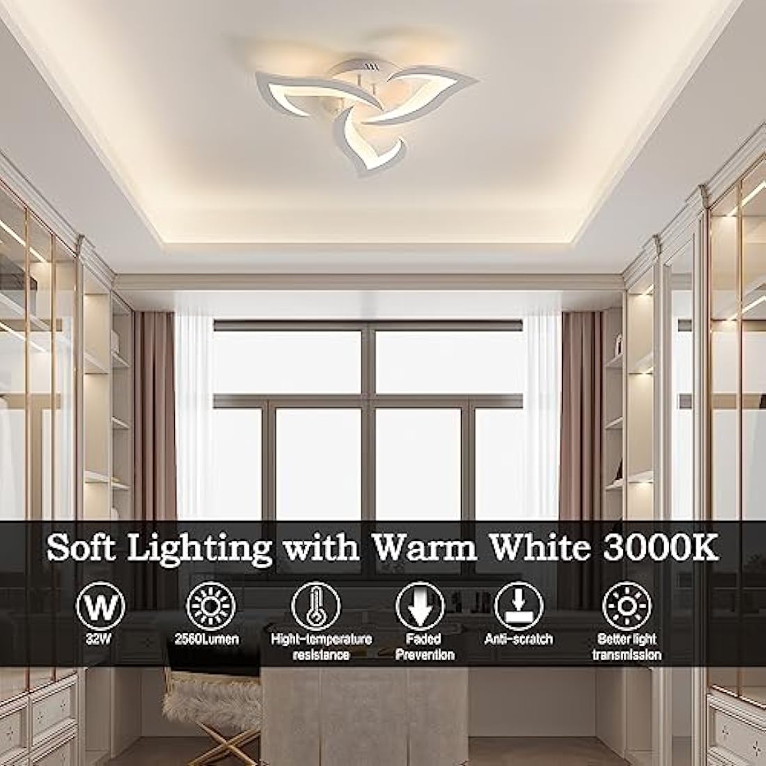 Dorlink LED Ceiling Light, 36W 3240LM Modern Design Ceiling Lighting, 3 Lights Living Room Ceiling Light Acrylic White Flower Fittings Ceilings for Bedroom, Kitchen, Dining Room 3000K Warm White