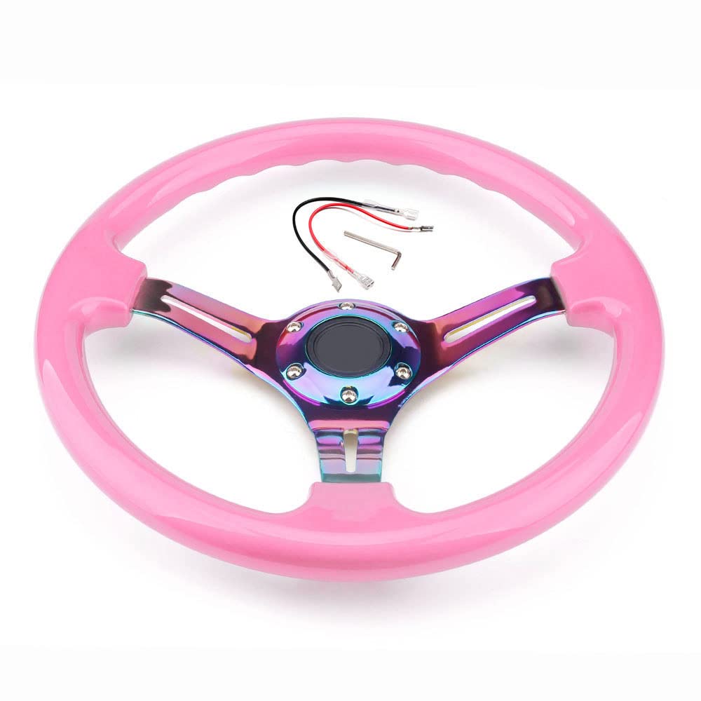 350mm Green Racing Steering Wheel Neo Chrome Spoke Universal 6 Bolts 45mm Deep Dish Classic ABS Wood Steering Wheel with Horn Button