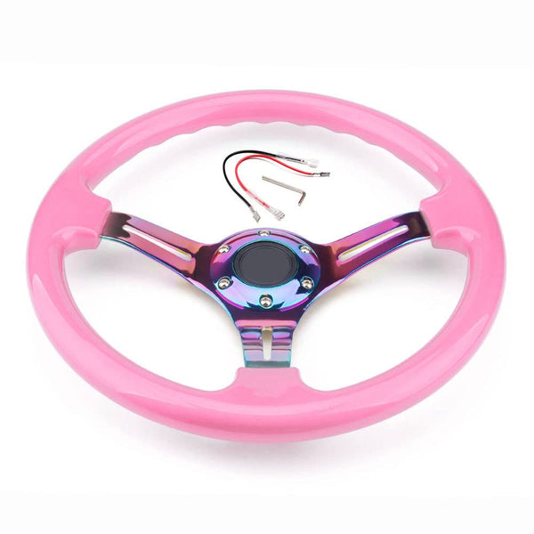 350mm Green Racing Steering Wheel Neo Chrome Spoke Universal 6 Bolts 45mm Deep Dish Classic ABS Wood Steering Wheel with Horn Button
