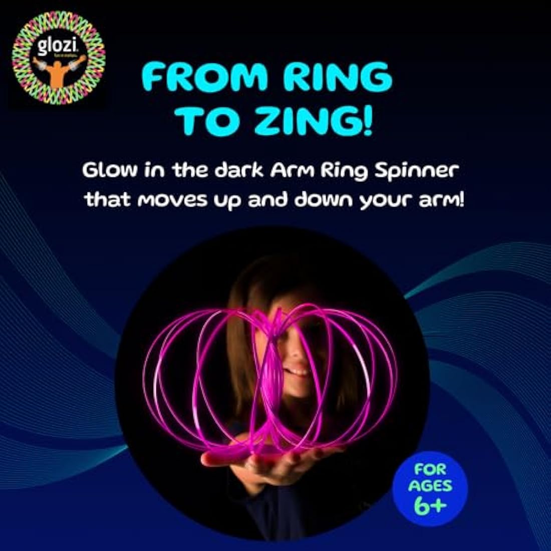 GLOZI Geometric Magic Glow in the Dark Flow Ring - Easy to Use - 3D Arm Spinner Bracelet, Fidget Spinner Toy for Kids and Adults (Pink)