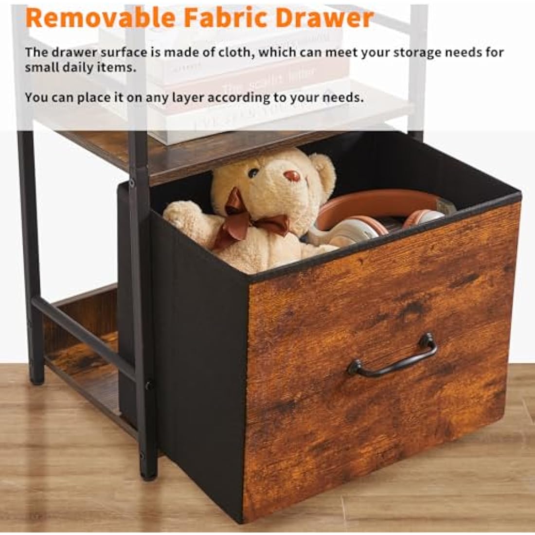 Aibiju Shelf Bookcase, 5-Tier Industrial bookshelf with Fabric Cloth drawers, Free Standing Shelf for Living Room, Bedroom, Kitchen,Office,Steel Frame, Rustic Brown YD-BC001H