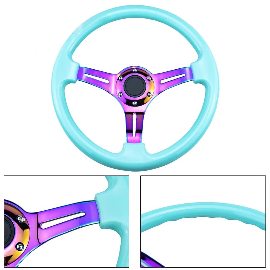 350mm Green Racing Steering Wheel Neo Chrome Spoke Universal 6 Bolts 45mm Deep Dish Classic ABS Wood Steering Wheel with Horn Button