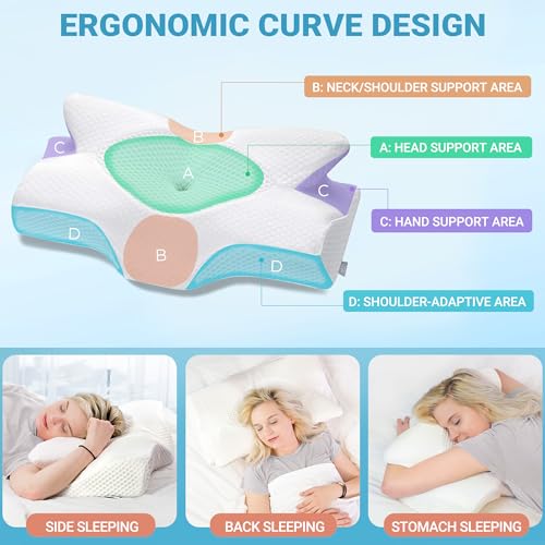 Elviros Cervical Memory Foam Pillow for Neck Pain Orthopedic Neck Pillow for Shoulder Pain Ergonomic Head Neck Support Pillow for Side/Back/Stomach