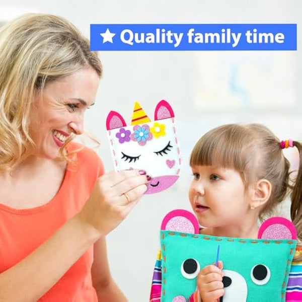 KRAFUN My First Sewing Kit for Kids Ages 5-9, Beginner Art & Craft with 6 Easy Doll, Pillow, Bag, Ornament Projects, Plush Felt, Safe Plastic Needle, Instructions Learn Sewing, Embroidery