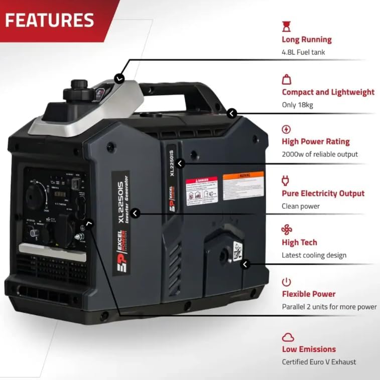 Excel Power 2kW Portable Petrol Inverter Generator Ideal For Camping, Fishing, Motorhome, Caravan, Outdoor Adventure With 2 Year Warranty