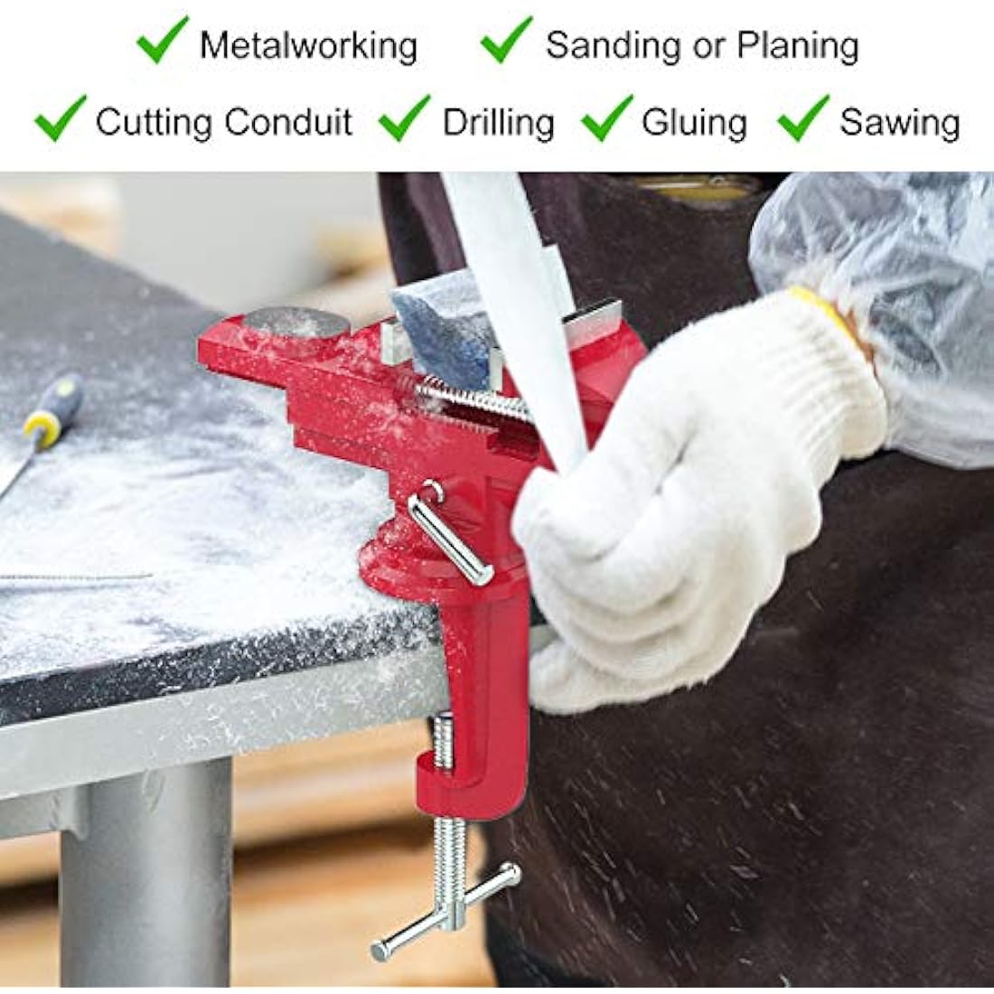 Housolution Universal Table Vise 3 Inch, 360°Swivel Base Bench Clamp Home Vise Clamp-On Vise Repair Tool Portable Work Bench Vise for Woodworking, Cutting Conduit, Drilling, Metalworking - Red