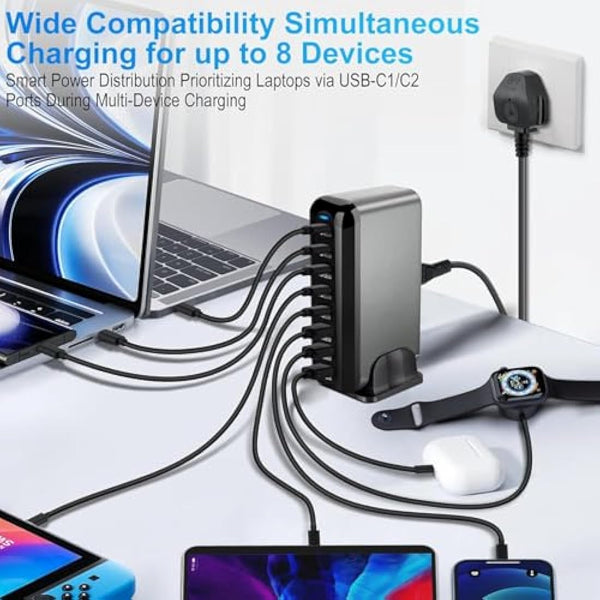 600W USB C Charger 8-Port Fast GaN Charger 140W/100W/30W USB C Charging Station Multi Port Power Adapter for Laptop, MacBook Pro, Dell XPS, iPad, iPhone, Samsung