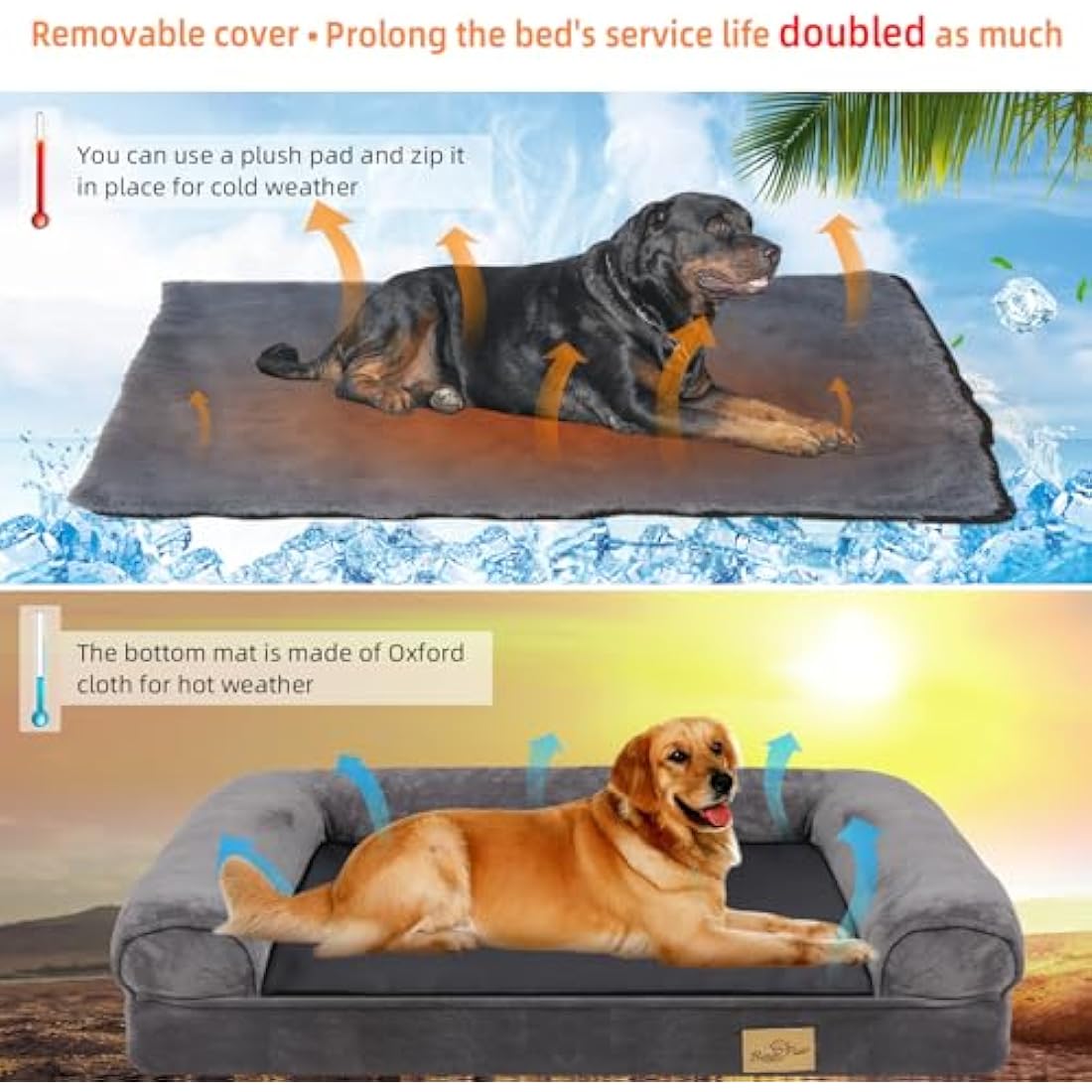 BingoPaw Medium Dog Sofa Bed: Memory Foam Orthopedic Pet Mattress Cushion Washable - Waterproof Calming Bolster Dog Couch with Pillow Grey L (80x60cm)