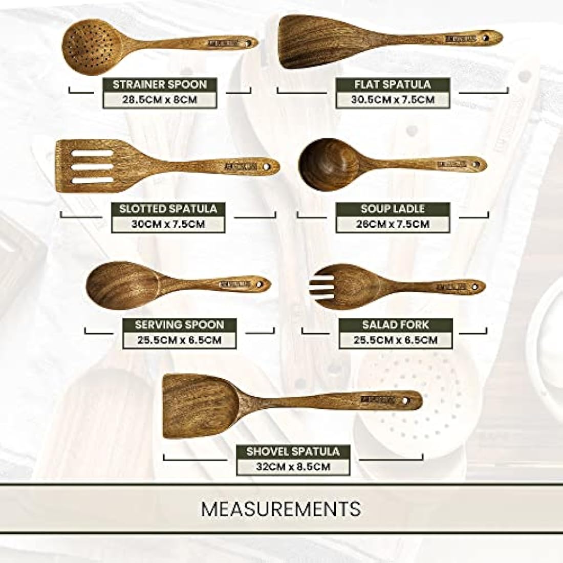 A&M Natural Living Wooden Kitchen Utensils Set of 7 for Cooking, Wooden Kitchen Utensils Including Wooden Spoons, Serving Spoon, Wooden Spatula Set, Wooden Spoons Cooking Kitchen Sets