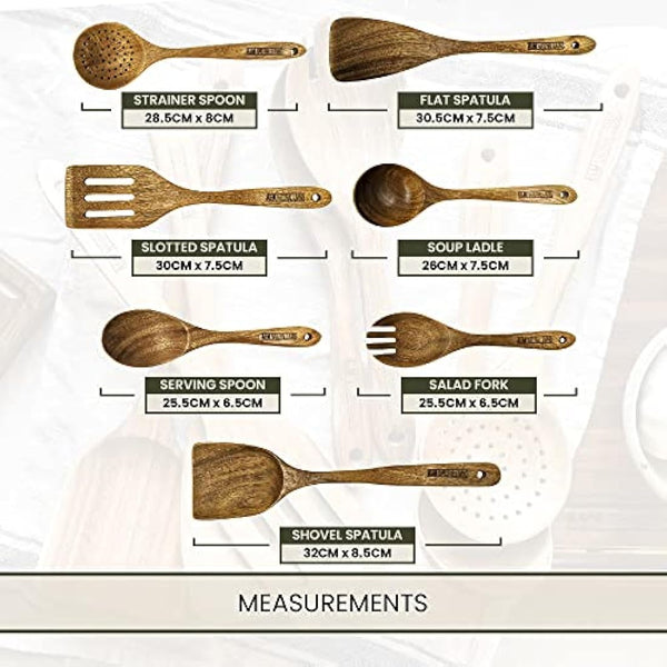 A&M Natural Living Wooden Kitchen Utensils Set of 7 for Cooking, Wooden Kitchen Utensils Including Wooden Spoons, Serving Spoon, Wooden Spatula Set, Wooden Spoons Cooking Kitchen Sets