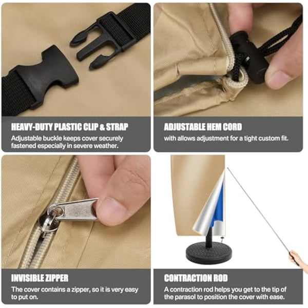 Teynewer Parasol Cover Waterproof, Cantilever Parasol Protective Cover with Telescopic Pole and Zipper Fit for 1 to 3 m Large Umbrella Patio Parasol Weatherproof UV-Anti Windproof, Khaki