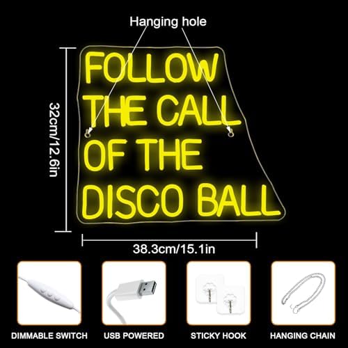 ineonlife Follow the Call of the Disco Ball Neon Sign for Wall Decor Dimmable Led Neon Lights 5V/2A USB Lemon Yellow Light Up Sign for Bedroom Party Birthday Wedding Engagement Party Bar Club
