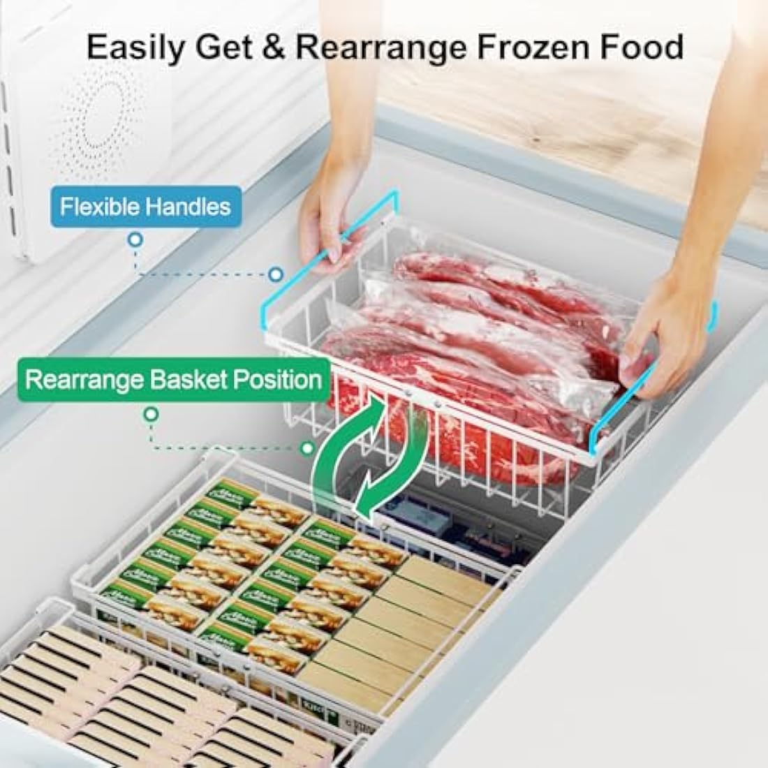 iSPECLE Chest Freezer Baskets - Expandable Fit 283 to 566L Deep Freezer, 4 Pack Large Stackable Wire Basket Add Space Easily Get Frozen Foods with Handles, Allow Air Circulation, White