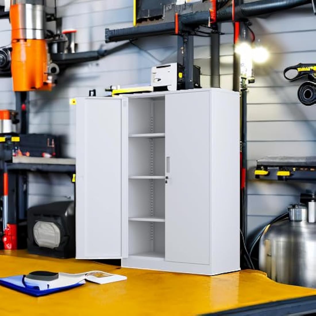 iJINGUR Metal Storage Cabinet with Locking Doors and 3 Adjustable Shelves, Lockable Steel Storage Cupboard for Home Office and Garage (White)