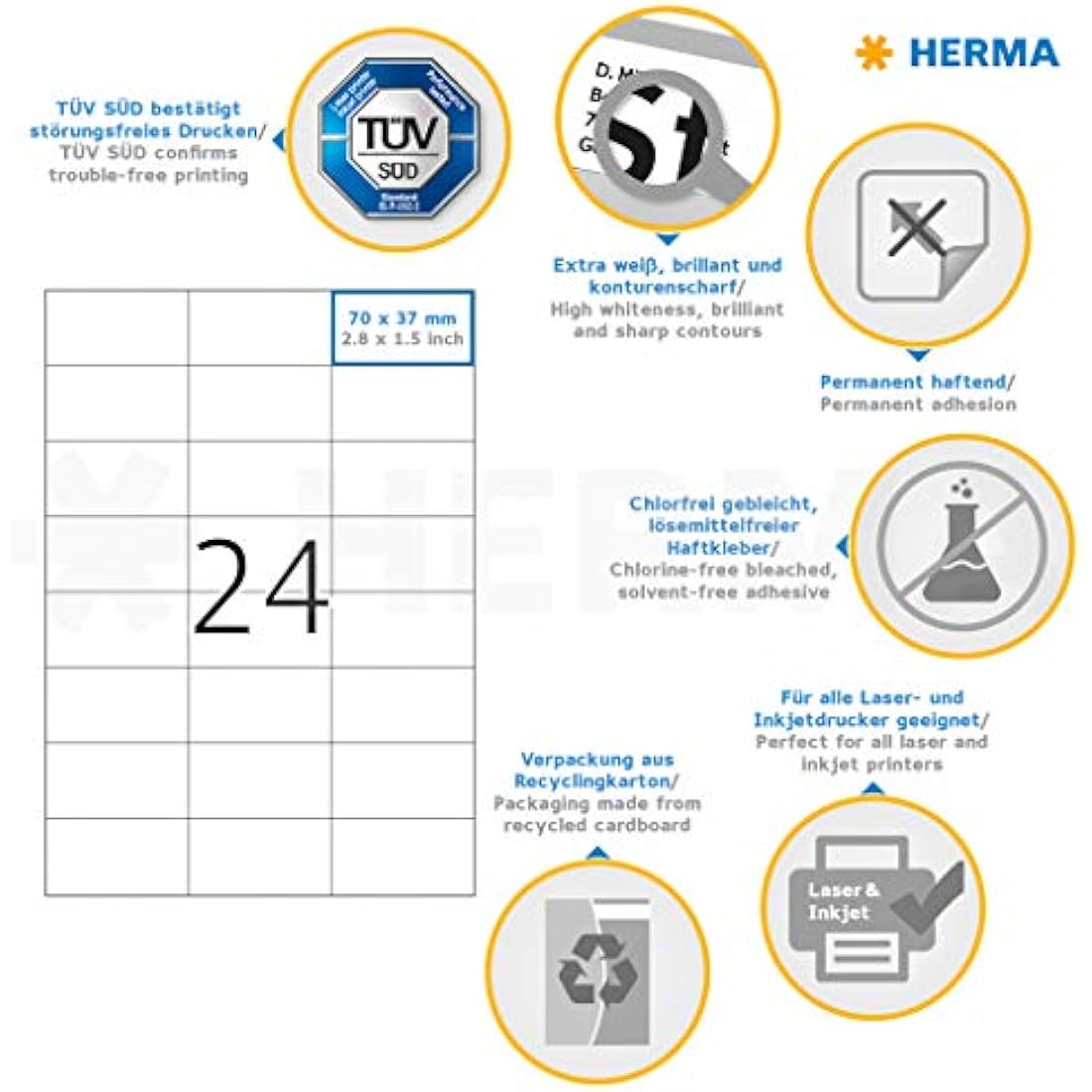 HERMA Self Adhesive Address Labels, 24 Labels per A4 Sheet, 200 Sheets, 70 x 37 mm, 4800 Labels, Blank Mailing Labels Stickers, Sticky Labels for Laser & Inkjet Printer, White