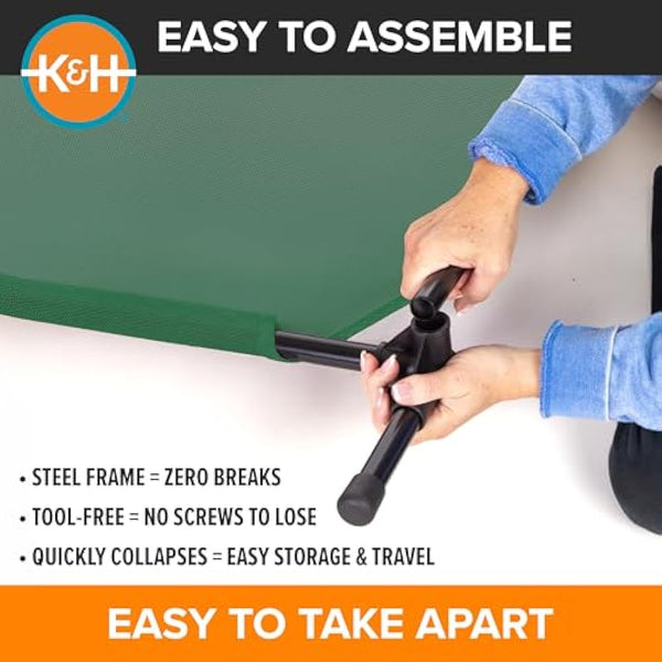 K&H Pet Products Elevated Outdoor Dog Cot, Raised Cooling Bed With Washable Breathable Mesh for Medium Dogs, Portable Platform, Heavy Duty Metal Frame Hammock, Medium, Green