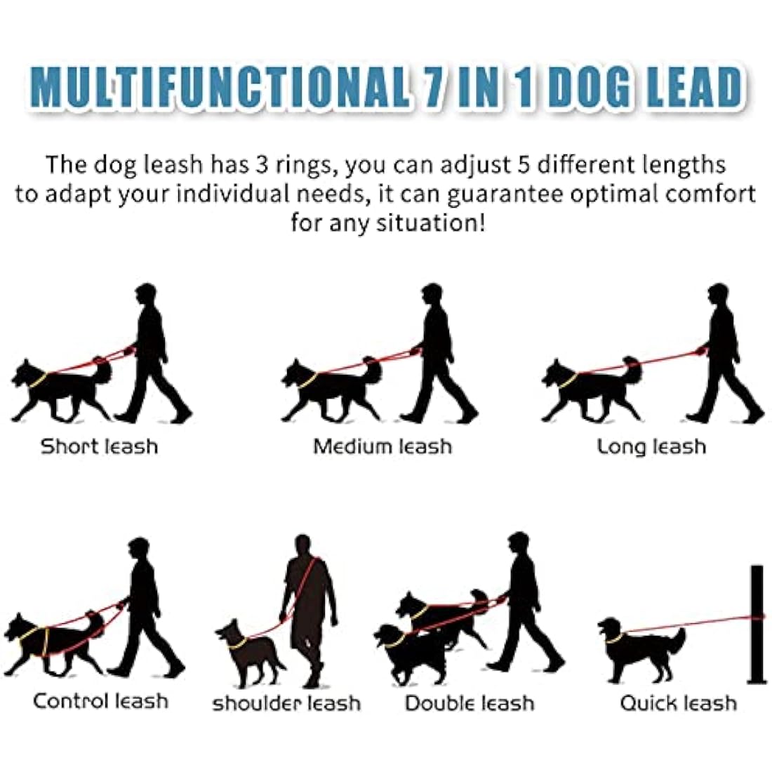 Heydoggy Multi-Function Hands Free Dog Lead (7ft) - Strong Training Leads, 1.4cm Thick Nylon Double (3 Adjustable Lengths) Walking Running Long Rope Leash for Small Medium Large Dogs Black, 1/2''