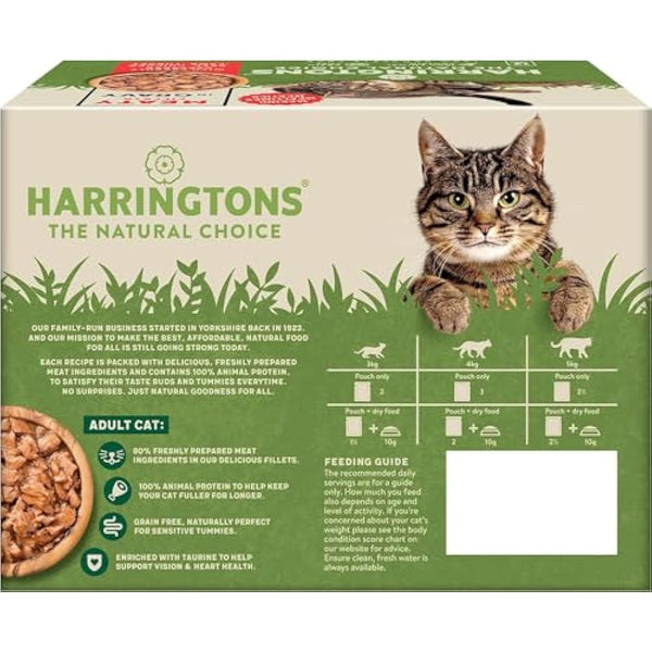 Harringtons Complete Wet Pouch Grain Free Hypoallergenic Adult Cat Food Meaty in Gravy Pack 72x85g - Beef, Chicken, Lamb & Turkey - Making Mealtimes Meatier