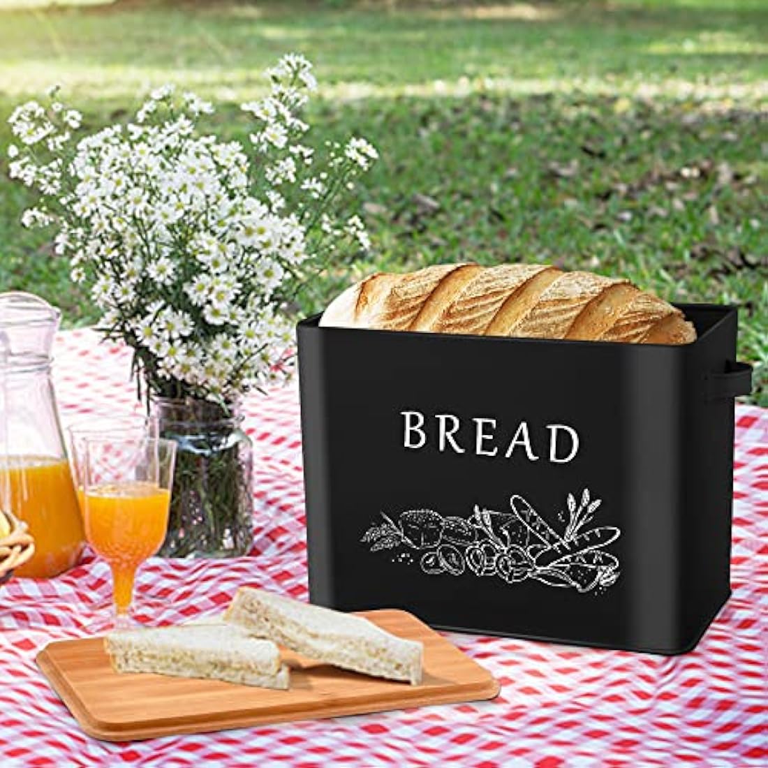 Herogo Bread Bin, Metal Bread Box with Wooden Lid for Cutting Loaf Board, Extra Large Loaf Holder Holds 2 Loaves, Space Saving Storage for Kitchen Countertop, 33x18x24.5cm (Black)