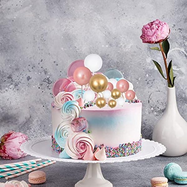 Gyufise 30Pcs Balls Cake Topper Mini Balloons Cake Toppers Foam Ball Cake Decorations Balloon Cake Topper Ball Shaped Cake Insert Topper for Birthday Party Baby Shower Decor Rose Gold White Gold