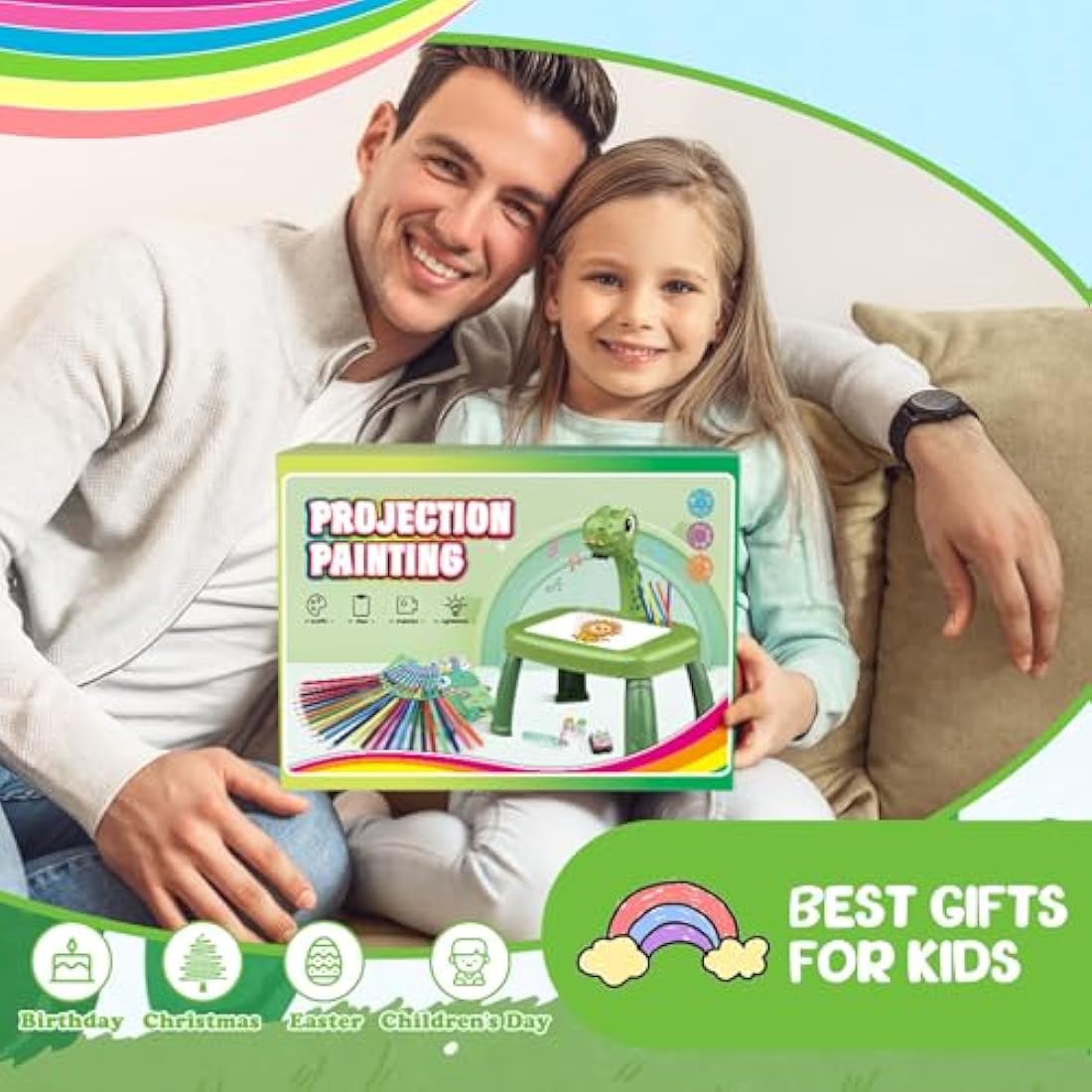 Dinosaur Drawing Projector Table with 72 Patterns Drawing Board Kids Art Tables with Pens,Pencils,Crayons,Scrapbook,Sticker Book,Unicorn Stickers,Stamps （12.6 * 9.5 * 14.5 inches）