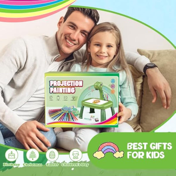 Dinosaur Drawing Projector Table with 72 Patterns Drawing Board Kids Art Tables with Pens,Pencils,Crayons,Scrapbook,Sticker Book,Unicorn Stickers,Stamps （12.6 * 9.5 * 14.5 inches）