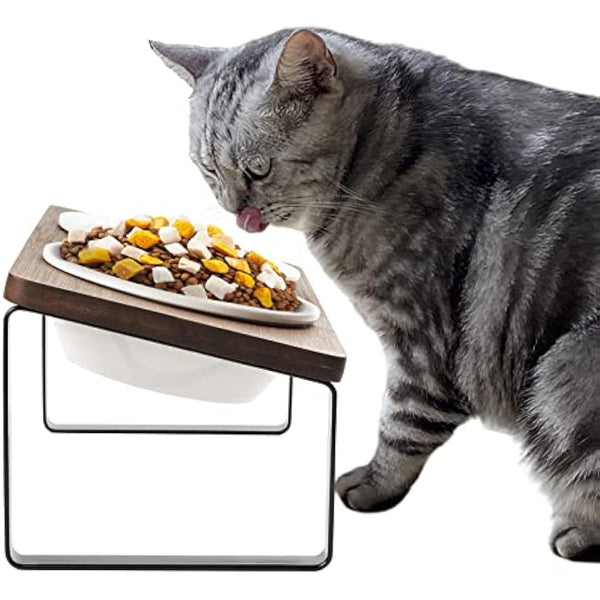 GUUSII HOME Raised Cat Food Bowl Elevated Kitty Dish 2 Ceramic Bowls Dia 14cm Bamboo Stand 15°Tilted Anti Vomiting Indoor Cats Double Dishes Feeding Station Kitten Puppy Easy to Assemble & Clean