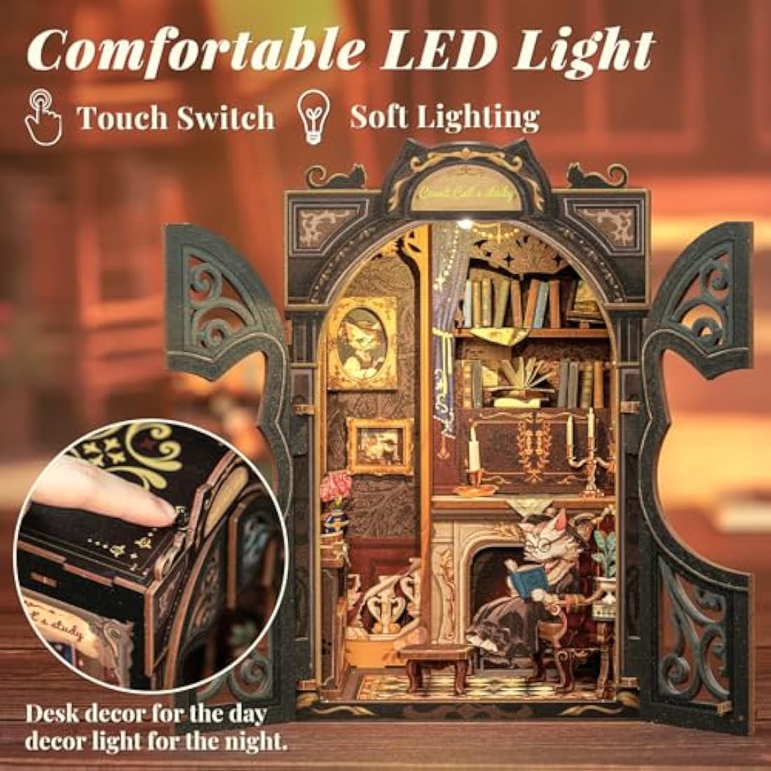 Fsolis Book Nook Kits for Adults, 3D Wooden Puzzles Book Nook, Diy Miniature House Kit Bookshelf Decor Tiny House Model Kits Gifts for Friend (Count Cat's Study)