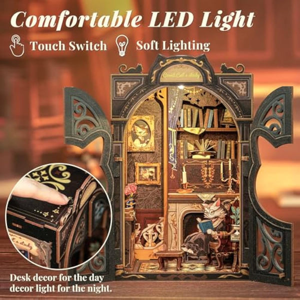 Fsolis Book Nook Kits for Adults, 3D Wooden Puzzles Book Nook, Diy Miniature House Kit Bookshelf Decor Tiny House Model Kits Gifts for Friend (Count Cat's Study)