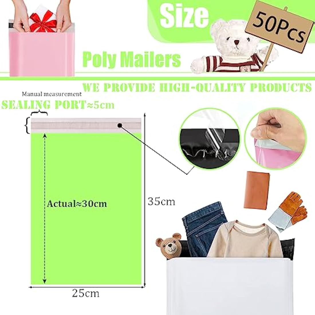 50pcs 25x35cm Green Vinted Postage Bags Mailing Bags for Clothes,Mailing Poly Postal Self Seal Bags,Parcel Shipping Bags Strong Packaging Bag Delivery Bags Plastic Envelopes for Posting Clothes Parcel