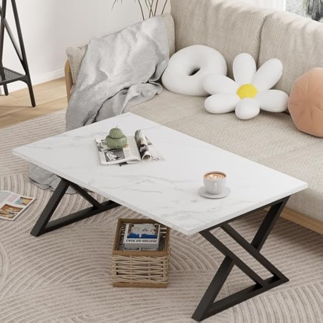 Coffee Table, Living Room Table, Center Tea Tables, Rectangular Tea Tables, End Sidetable with Black Metal Frame for Living Room Bedroom Office, Modern Open Design, 39.3 x 18.9 x 17.7 IN, White/Black