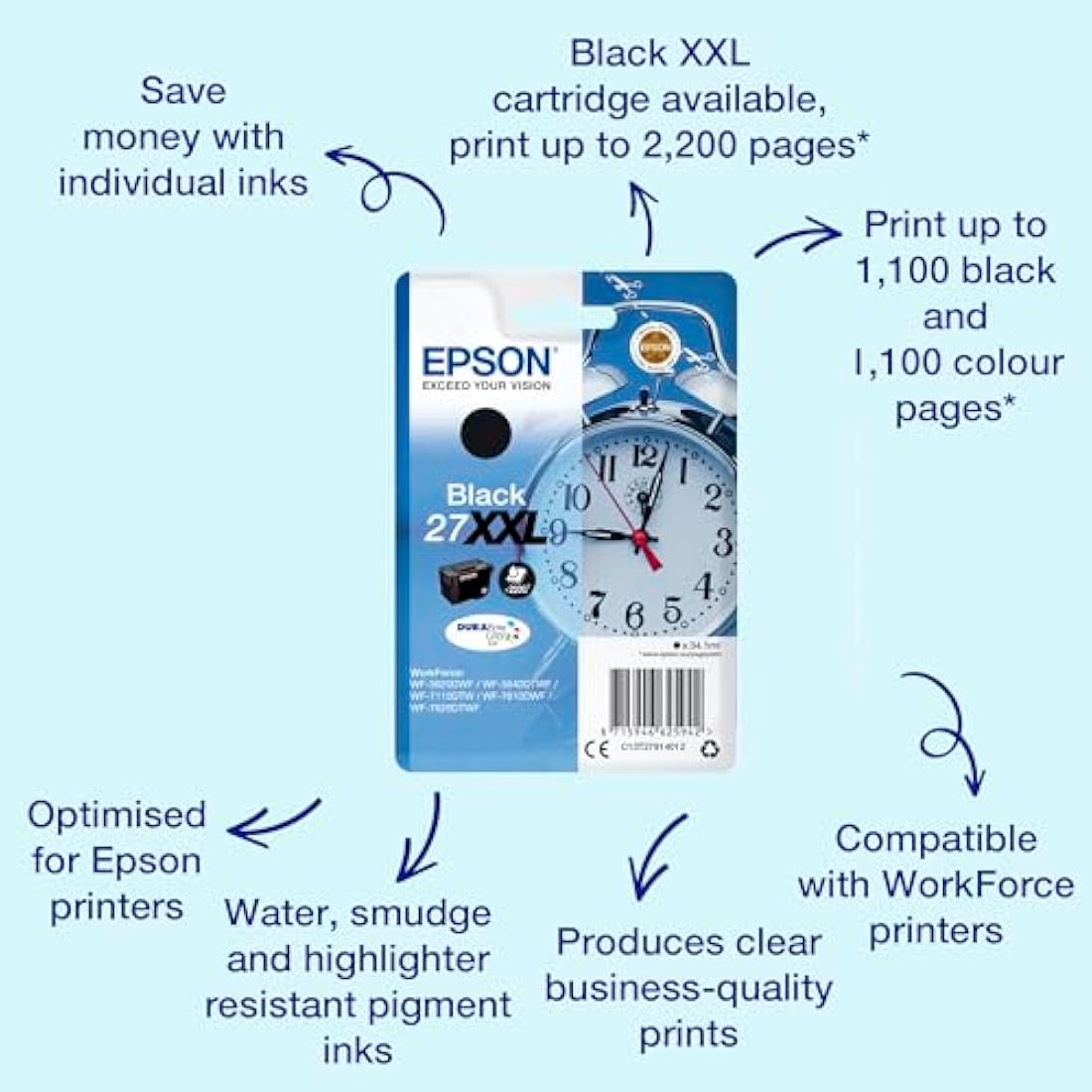Epson 27XXL Black Alarm Clock Extra High Yield Genuine, DuraBrite Ultra Ink Cartridge