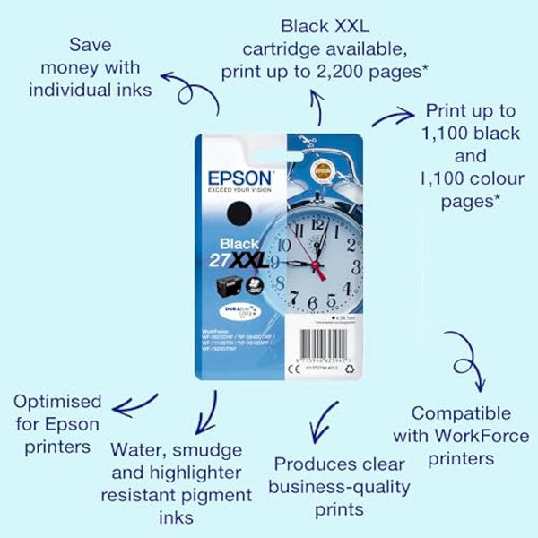 Epson 27XXL Black Alarm Clock Extra High Yield Genuine, DuraBrite Ultra Ink Cartridge