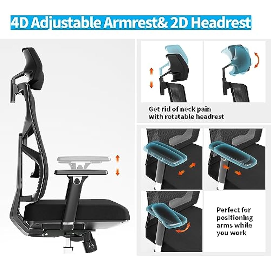 HOLLUDLE Ergonomic Office Chair with Adaptive Backrest, High Back Computer Desk Chair with 4D Armrests, Adjustable Seat Depth, Lumbar Support and 2D Headrest, Swivel Task Chair, Black