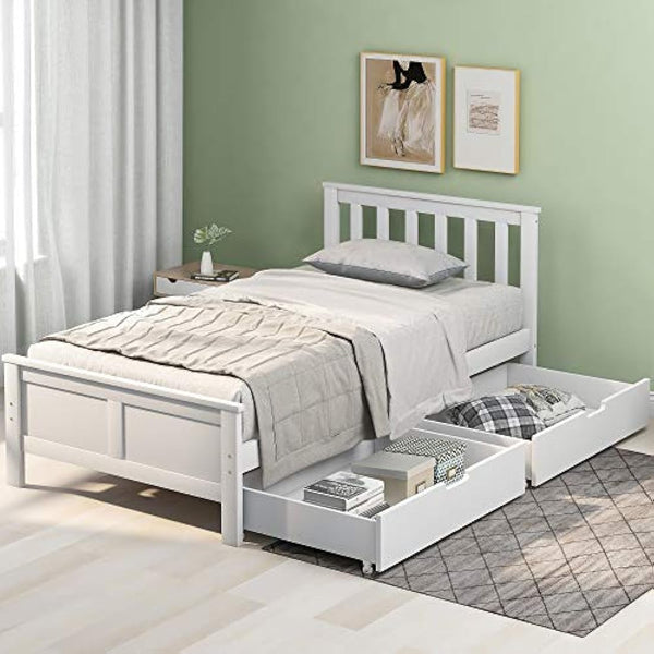3ft Single Wooden Solid White Pine Storage Bed Frame with Drawers, Bed Furniture Frame for Adults, Kids, Teenagers (White 190x90cm)