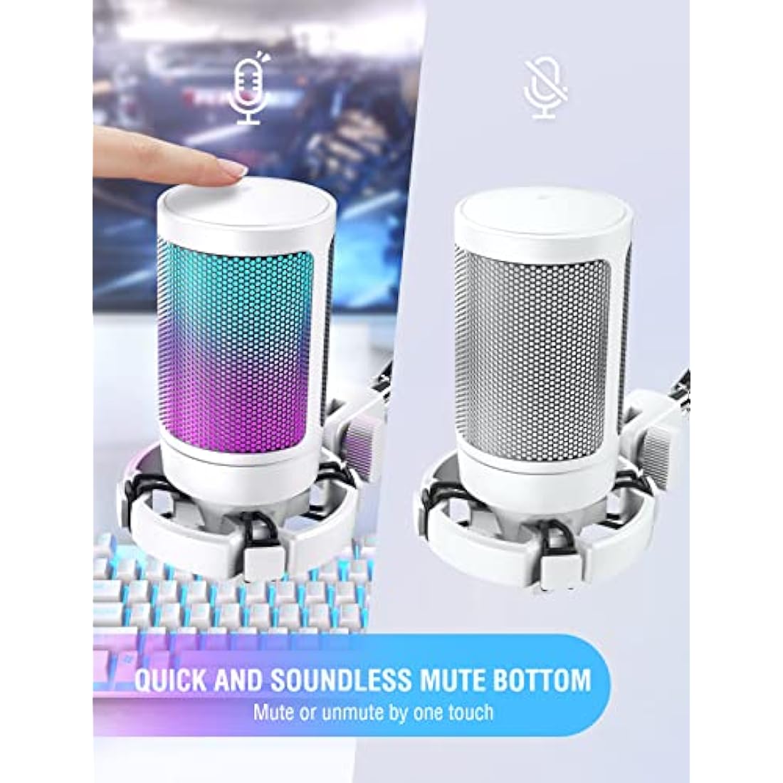 FIFINE USB Microphone for Gaming Streaming, PC Computer Desktop RGB Mic with Condenser Cardioid Capsule, Gain Knob, Shock Mount, Stand for Home Use, Online Meeting on Mac OS, Windows-A6V White